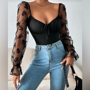 Mesh Flounce Sleeve Ruched Bust Tie Backless Bodysuit